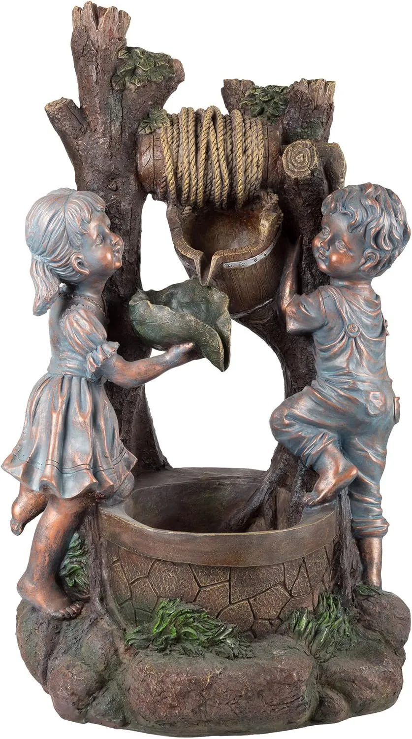 Boy and Girl Outdoor Water Fountain - Cascading Waterfall with Soothing Sounds and 4 LED Lights for Garden or Patio by Pure Garden (Antique Bronze)