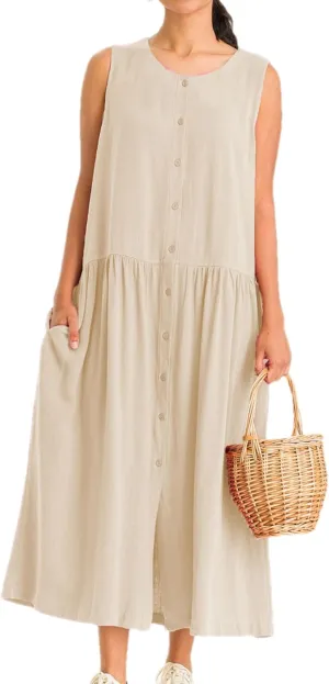 Bozanly Summer Sleeveless Maxi Dress for Women Button Down Midi Dresses with Pockets Solid Color Loose Flowy Beach Dress