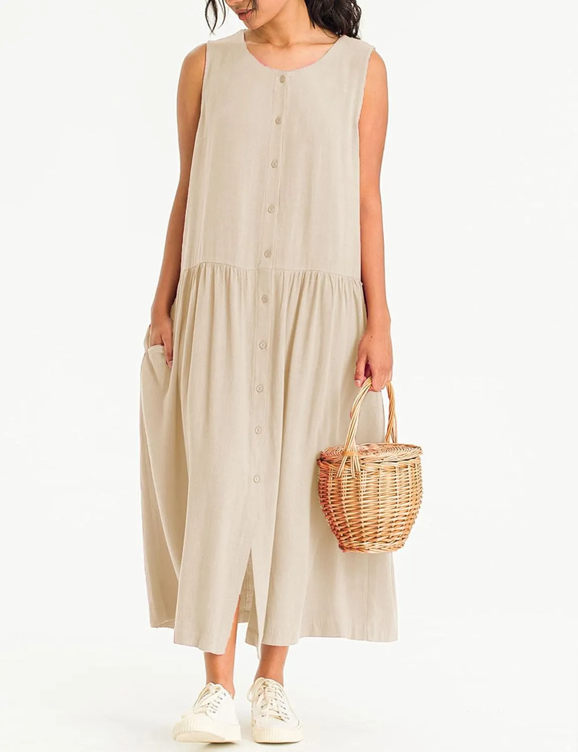 Bozanly Summer Sleeveless Maxi Dress for Women Button Down Midi Dresses with Pockets Solid Color Loose Flowy Beach Dress