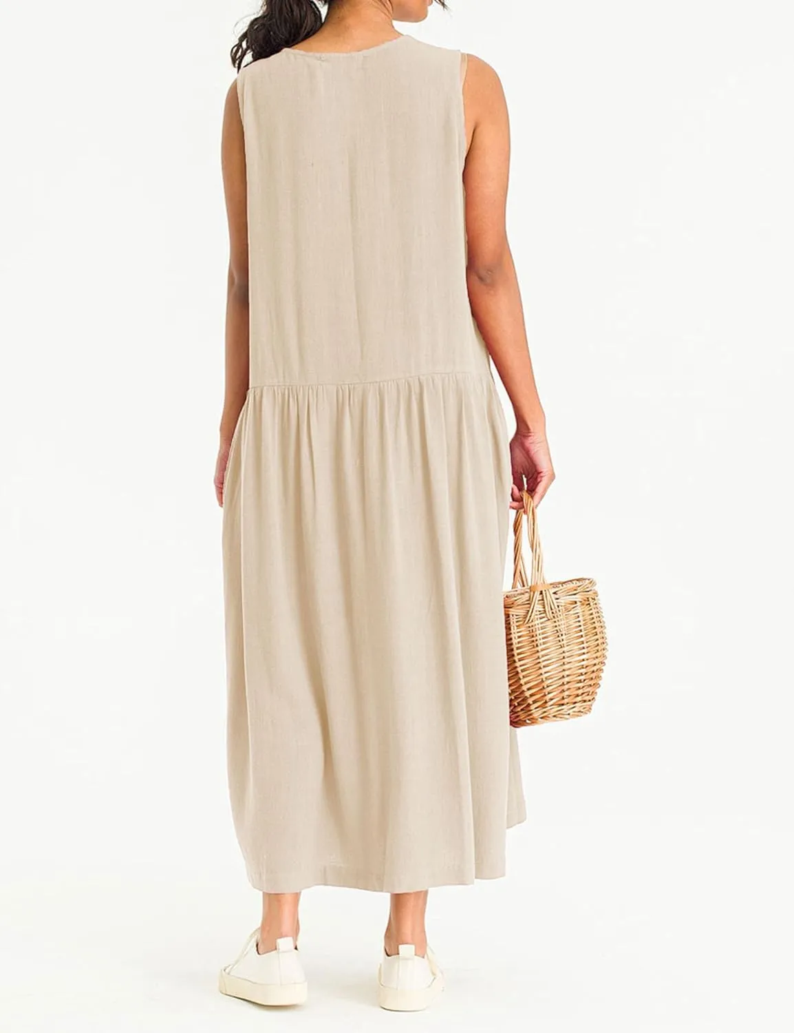 Bozanly Summer Sleeveless Maxi Dress for Women Button Down Midi Dresses with Pockets Solid Color Loose Flowy Beach Dress