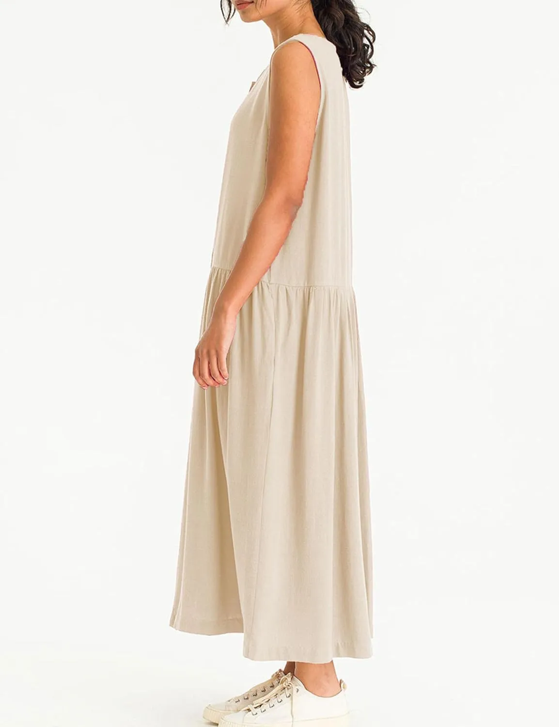 Bozanly Summer Sleeveless Maxi Dress for Women Button Down Midi Dresses with Pockets Solid Color Loose Flowy Beach Dress