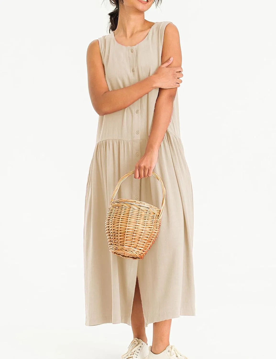 Bozanly Summer Sleeveless Maxi Dress for Women Button Down Midi Dresses with Pockets Solid Color Loose Flowy Beach Dress
