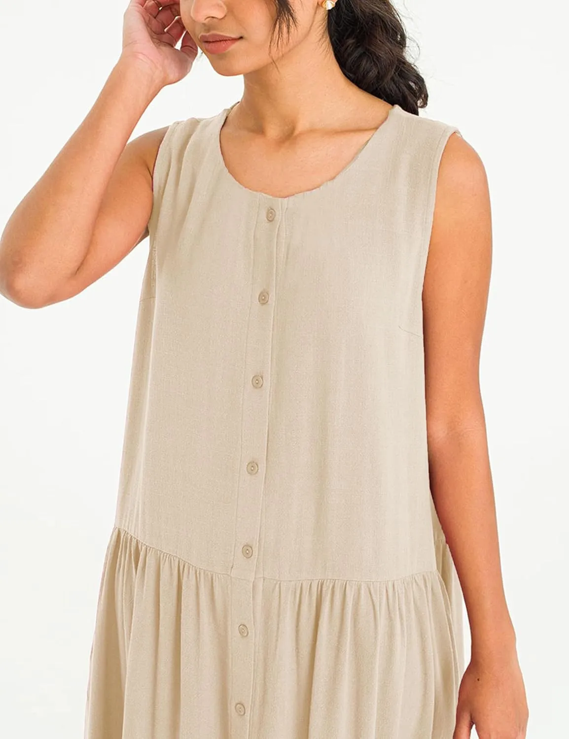 Bozanly Summer Sleeveless Maxi Dress for Women Button Down Midi Dresses with Pockets Solid Color Loose Flowy Beach Dress