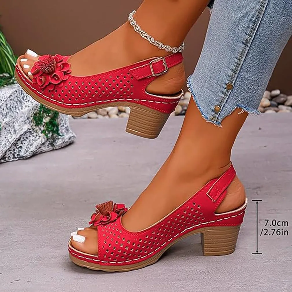 Buckled Square Heel Sandals for Women,Womens Peep Open Toe Slingback Low Chunky Heeled Dress Sandals Wedge Pump Shoes