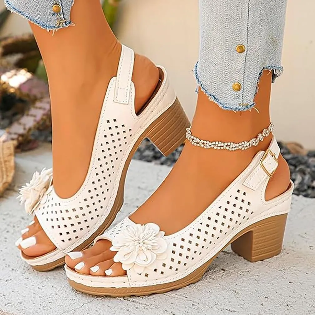 Buckled Square Heel Sandals for Women,Womens Peep Open Toe Slingback Low Chunky Heeled Dress Sandals Wedge Pump Shoes