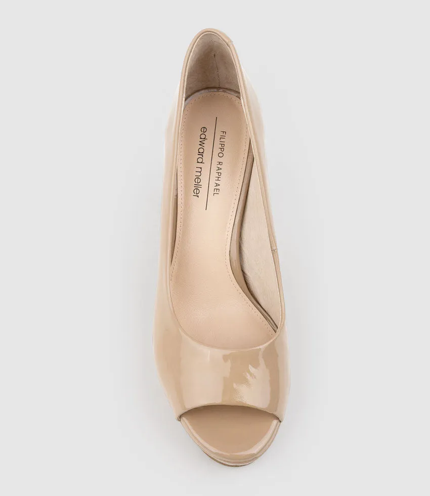 CADIE110 Open Toe Platform Pump in Nude Patent