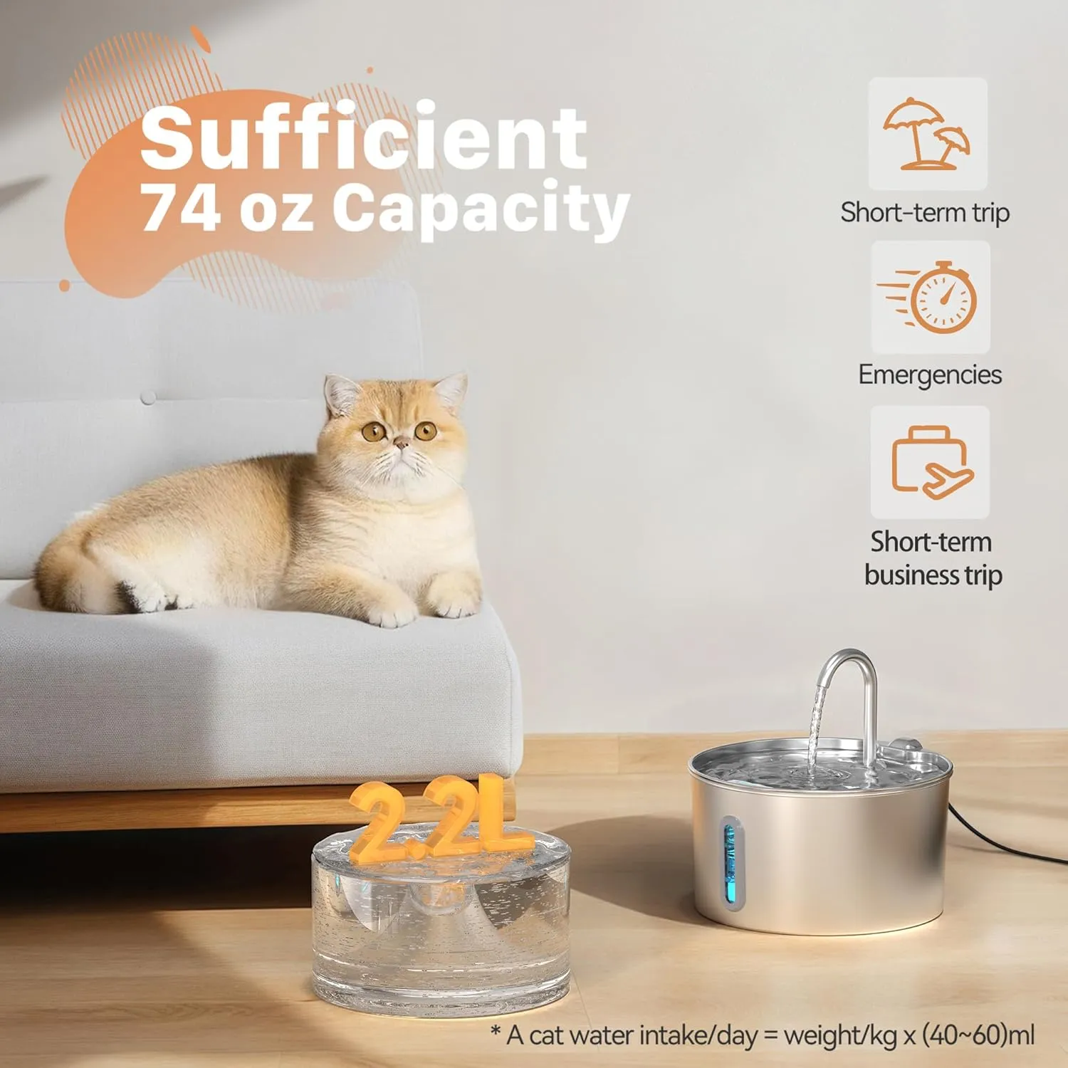 Cat Water Fountain Stainless Steel: 74oz/2.2L Cat Fountain for Drinking - Pet Water Fountain for Cats Inside - Automatic Dog Water Dispenser Bowl Feeding & Watering Supplies 6 Filters 3 Sponges