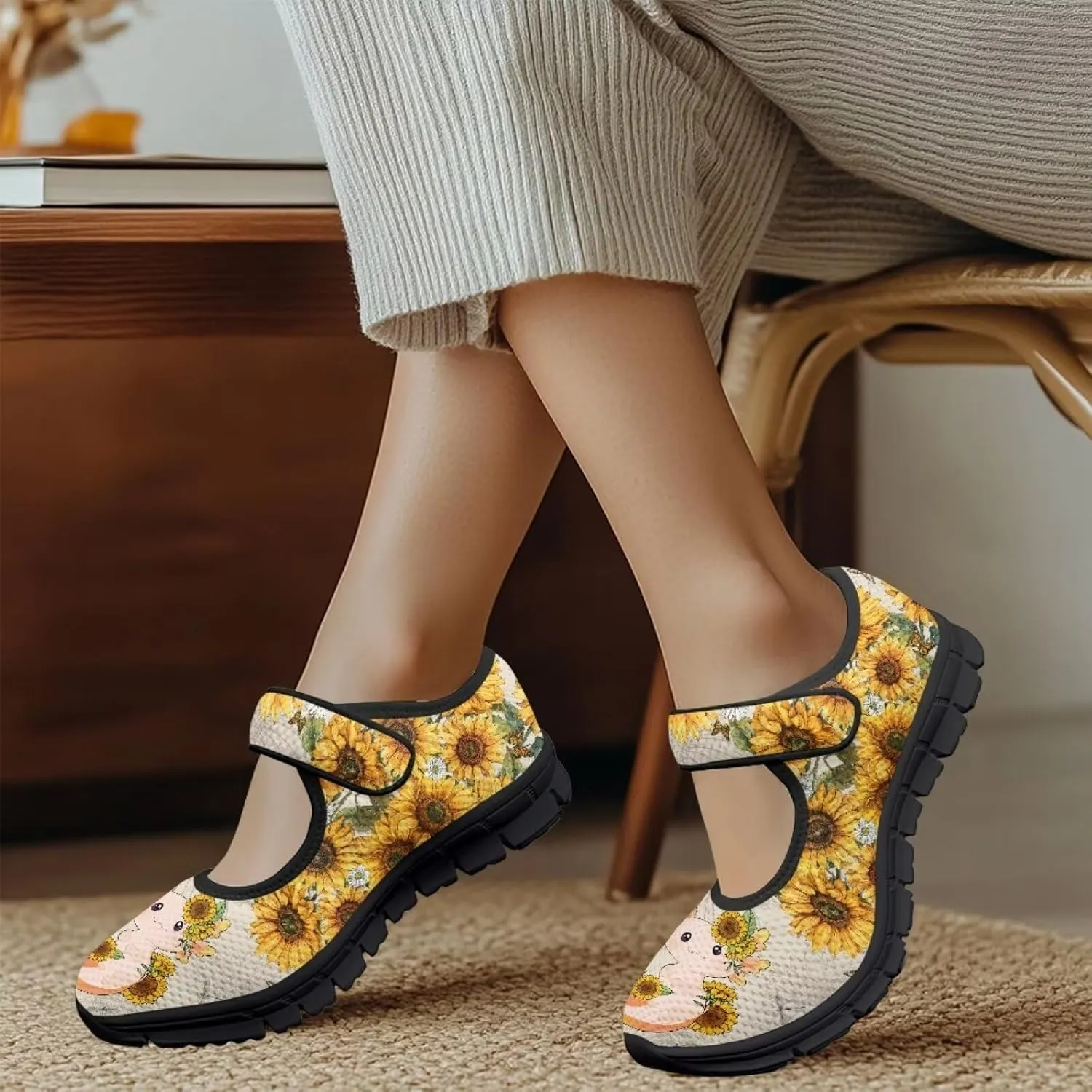 chaqlin Sunflower Mary Jane Ballet Flats Women Slip On Tennis Shoes with Single Buckle Lightweight Casual Walking Work Shoe Travel Comfy Sneaker