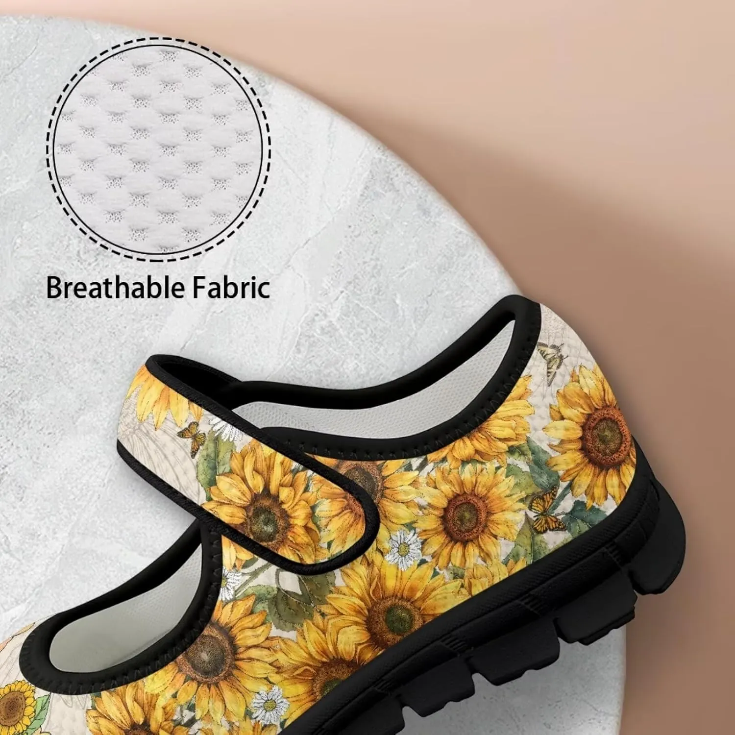 chaqlin Sunflower Mary Jane Ballet Flats Women Slip On Tennis Shoes with Single Buckle Lightweight Casual Walking Work Shoe Travel Comfy Sneaker