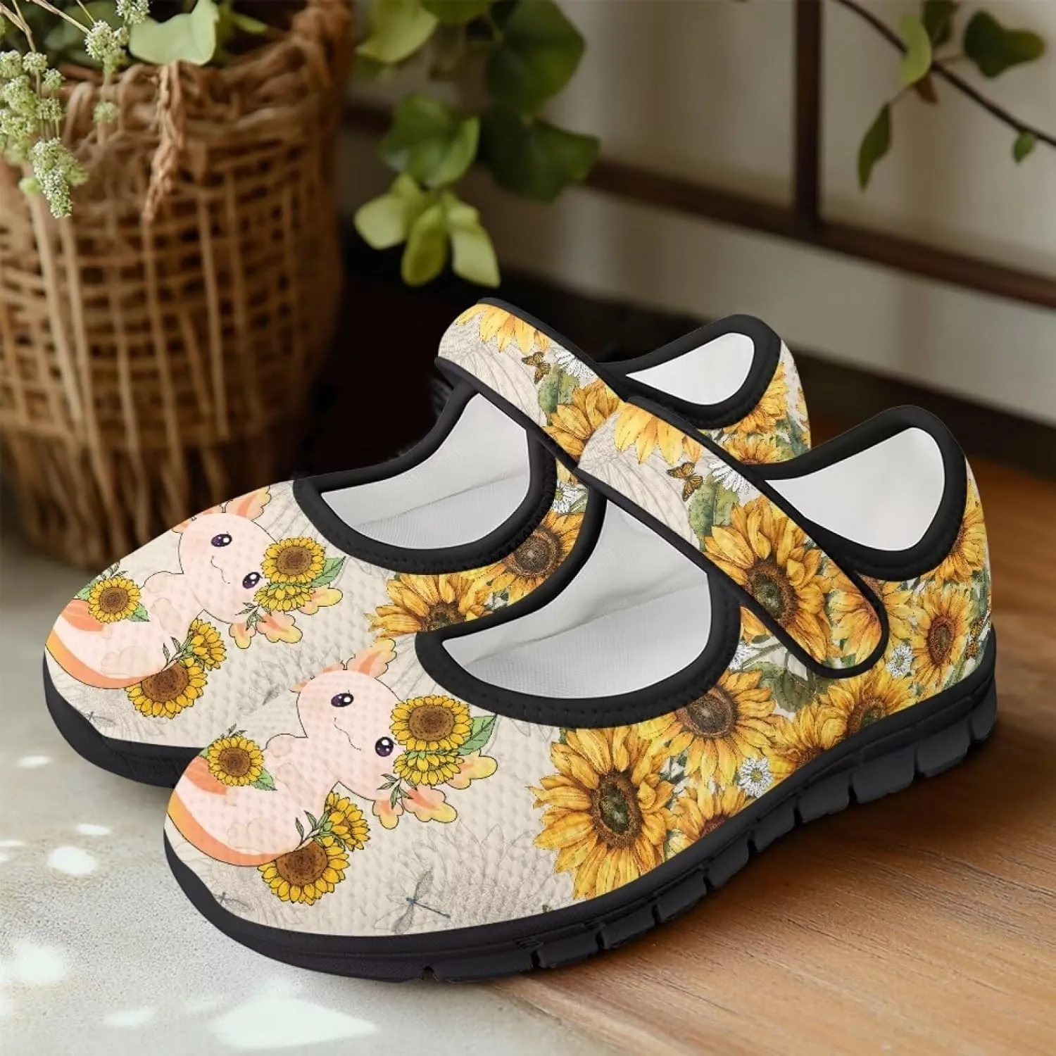 chaqlin Sunflower Mary Jane Ballet Flats Women Slip On Tennis Shoes with Single Buckle Lightweight Casual Walking Work Shoe Travel Comfy Sneaker