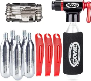 CO2 Inflator Kit with 5 X 16g CO2 Threaded Cartridges- Presta & Schrader Valve Compatible -Portable CO2 Bike Tire Pump Come with Glueles Repair Kit for Road & Mountain Bike