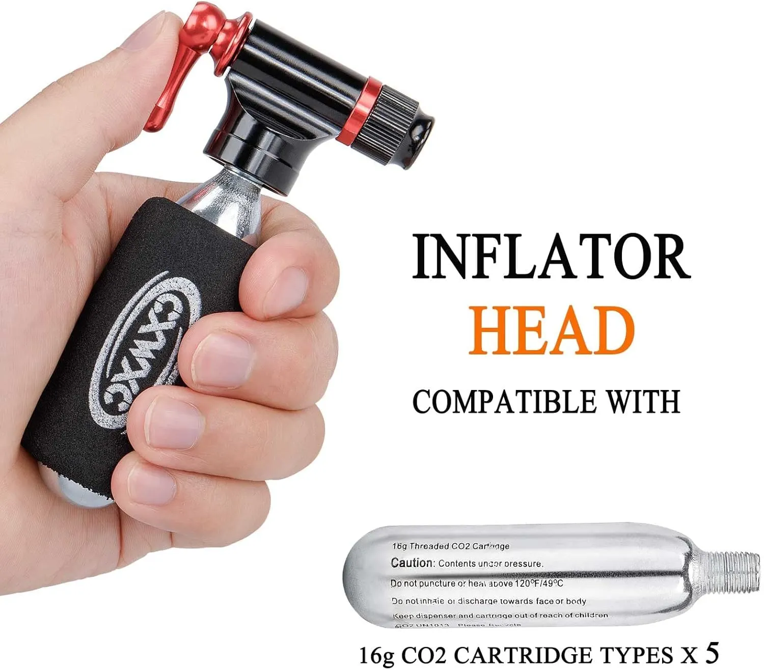 CO2 Inflator Kit with 5 X 16g CO2 Threaded Cartridges- Presta & Schrader Valve Compatible -Portable CO2 Bike Tire Pump Come with Glueles Repair Kit for Road & Mountain Bike