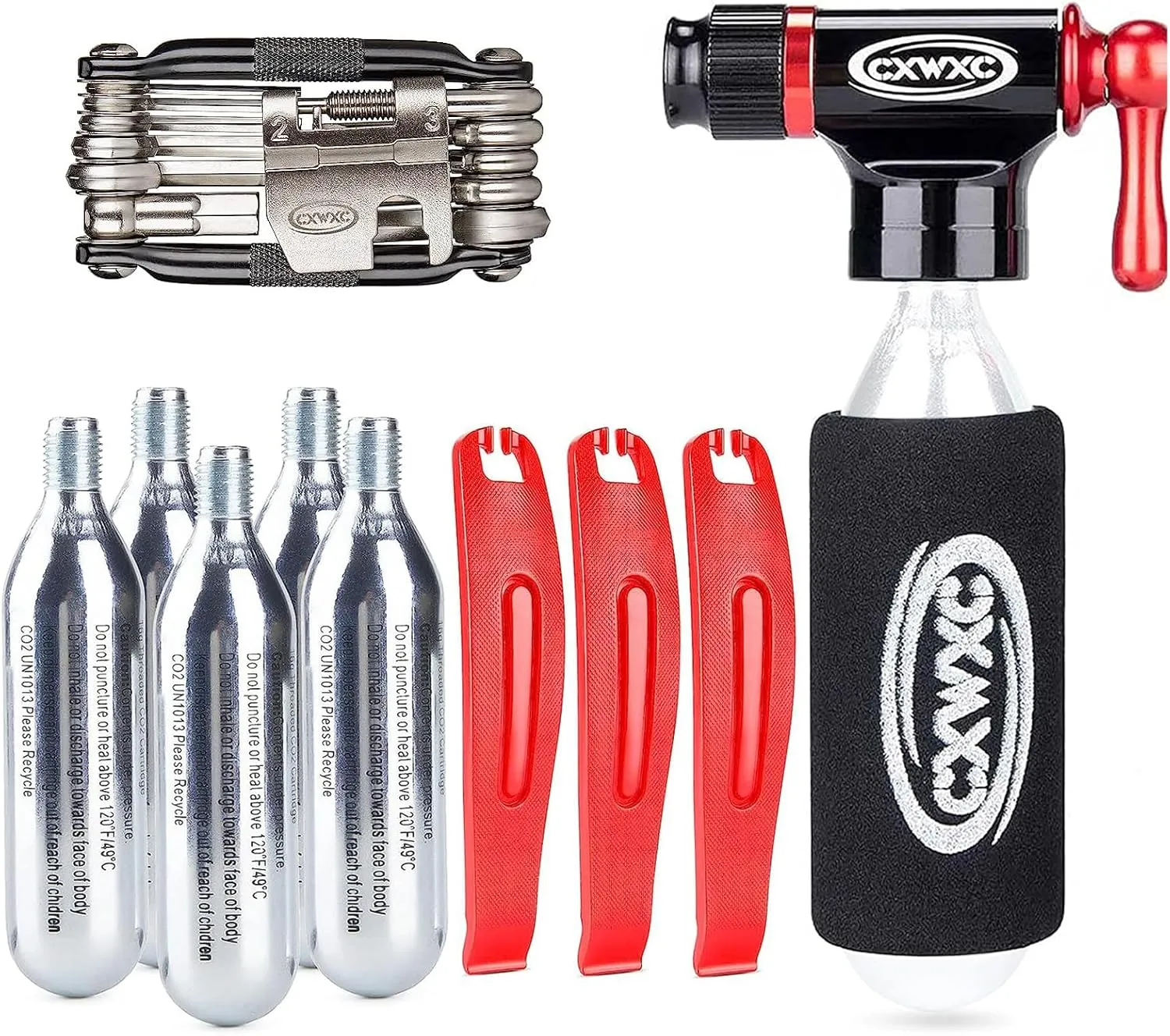 CO2 Inflator Kit with 5 X 16g CO2 Threaded Cartridges- Presta & Schrader Valve Compatible -Portable CO2 Bike Tire Pump Come with Glueles Repair Kit for Road & Mountain Bike