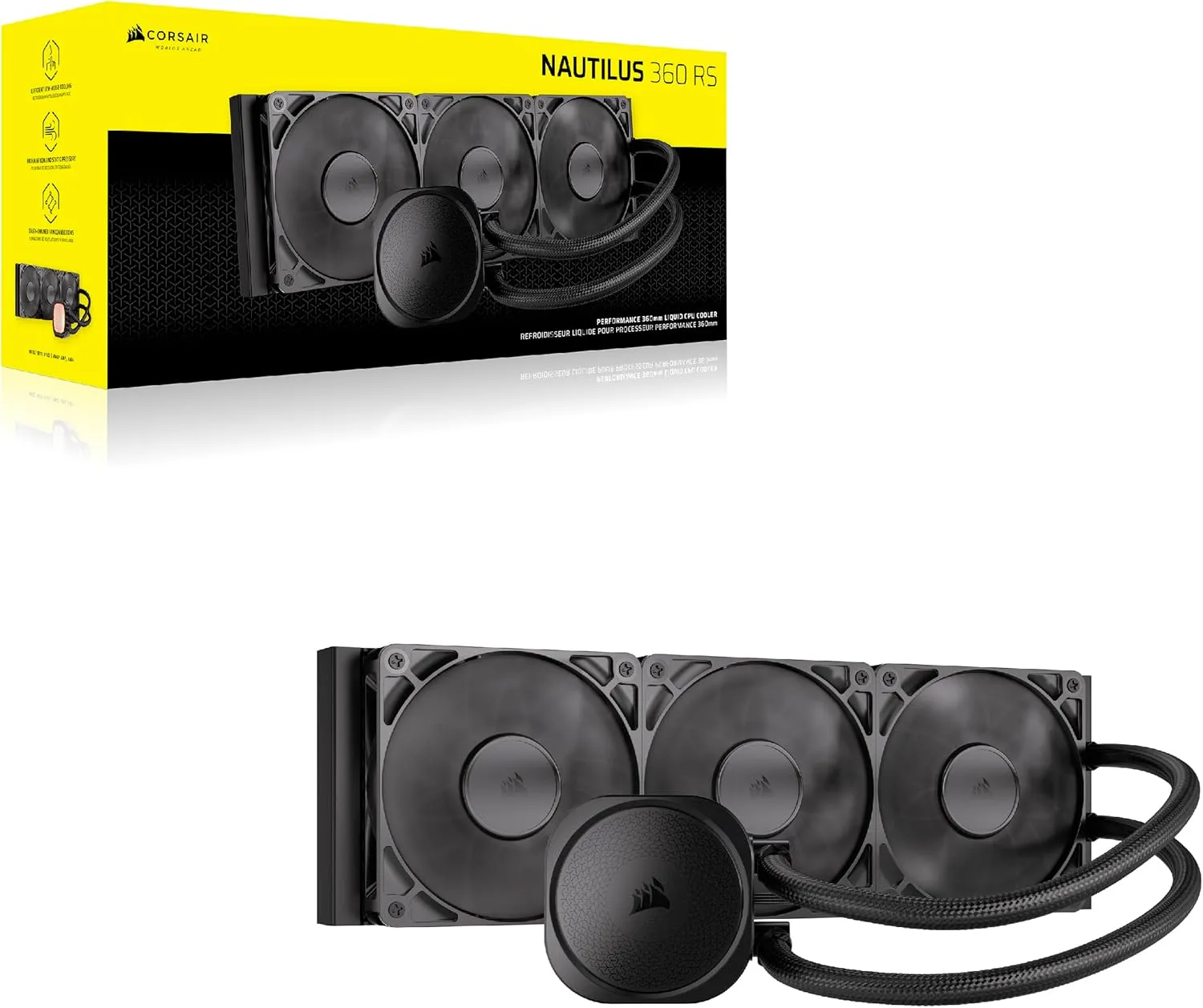CORSAIR Nautilus 360 RS Liquid CPU Cooler – 360mm AIO – Low-Noise – Direct Motherboard Connection – Daisy-Chain – Intel LGA 1851/1700, AMD AM5/AM4 – 3X RS120 Fans Included – Black