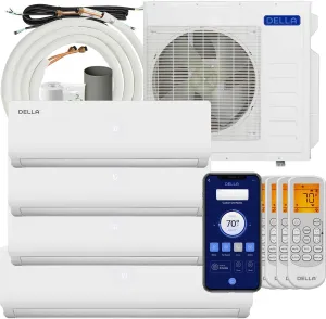 Della 36K BTU (9K 9K 12K 18K) ODU Quad 4 Zone Mini Split 19 SEER2 208-230V Cools Up to 2350 Sq.Ft, Works with Alexa, Wifi Energy Efficient Multi Zone Air Conditioner Pre-Charged Heat Pump Full Set