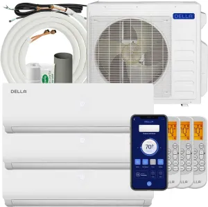 Della Mini Split Air Conditioner ODU Tri 3 Zone 27K BTU (9K 9K 12K BTU) 19 SEER2 208-230V Works with Alexa, Cools Up to 1350 Sq.Ft, Wifi Energy Efficient Multi Zone Pre-Charged Heat Pump Full Set
