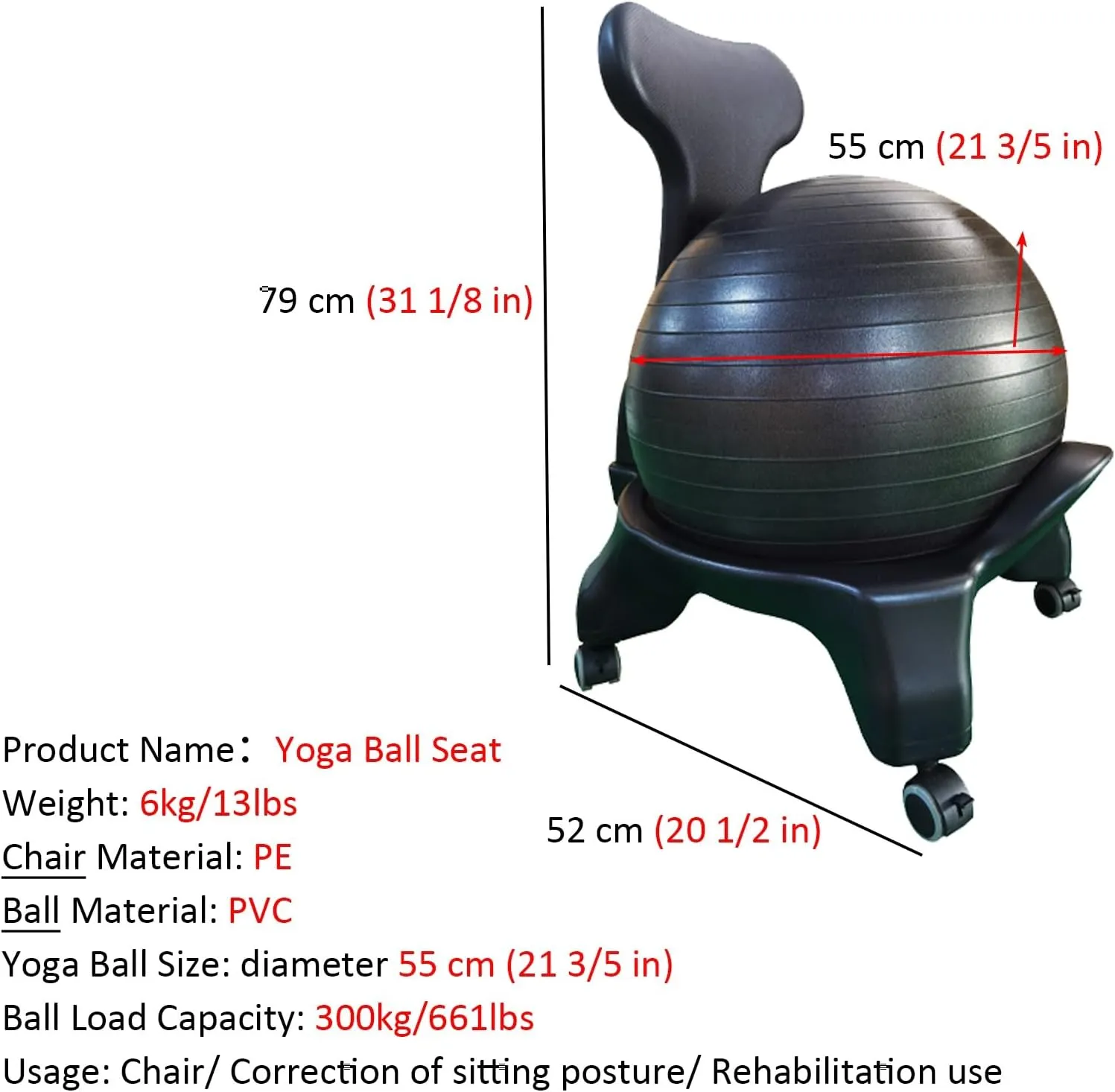 Dia 22 in Balance Ball Chair, Pregnancy Bouncy Ball Stools with Fixed Bases/Lockable Wheels, Yoga Ball Seats for Classroom/Improve Sitting Posture(Yoga Ball - Blue)