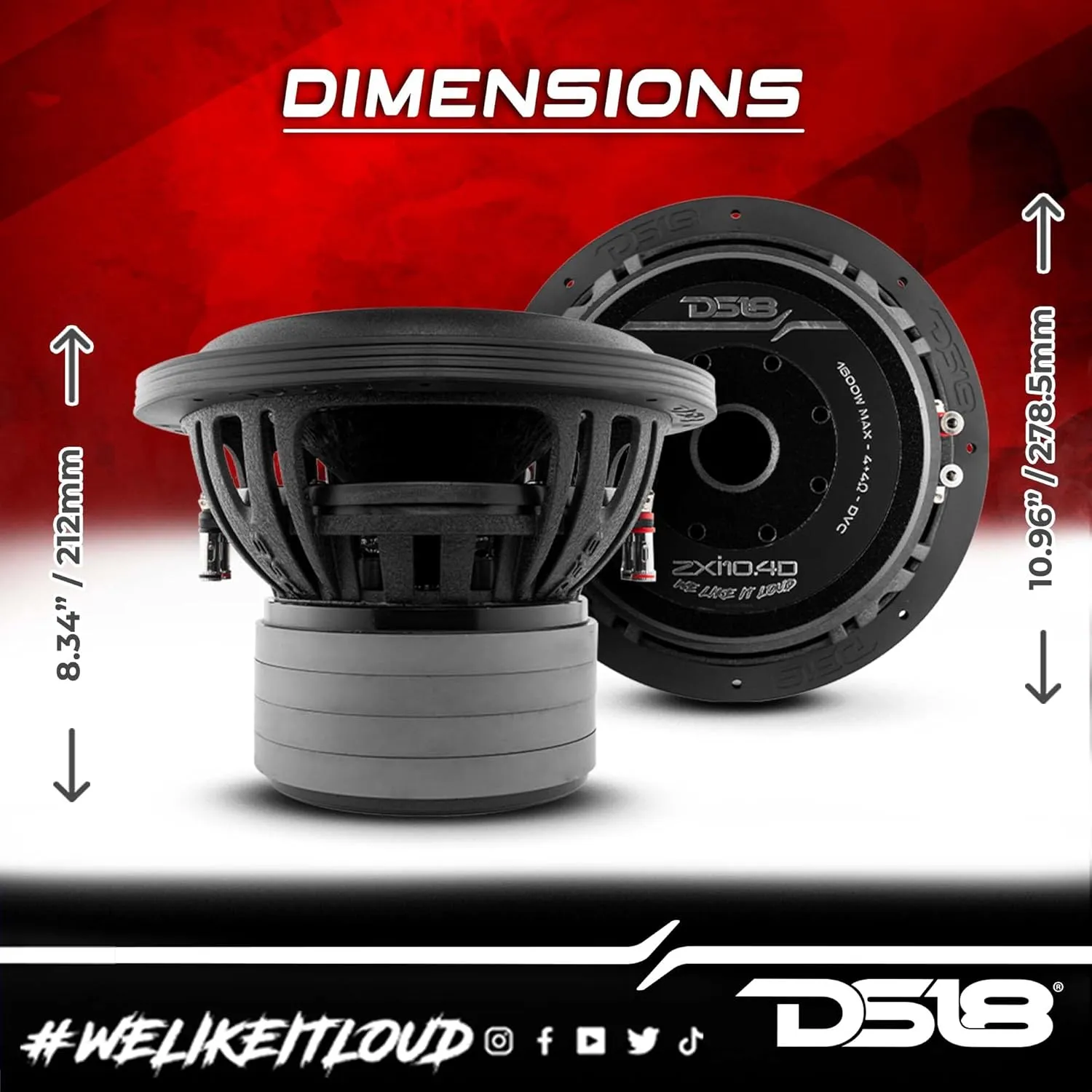 DS18 ZXI10.4D 10 Inches High Excursion Car Audio Subwoofer 1600W Watts Dual Voice Coil 4-Ohm 4 Magnets (1 Speaker)