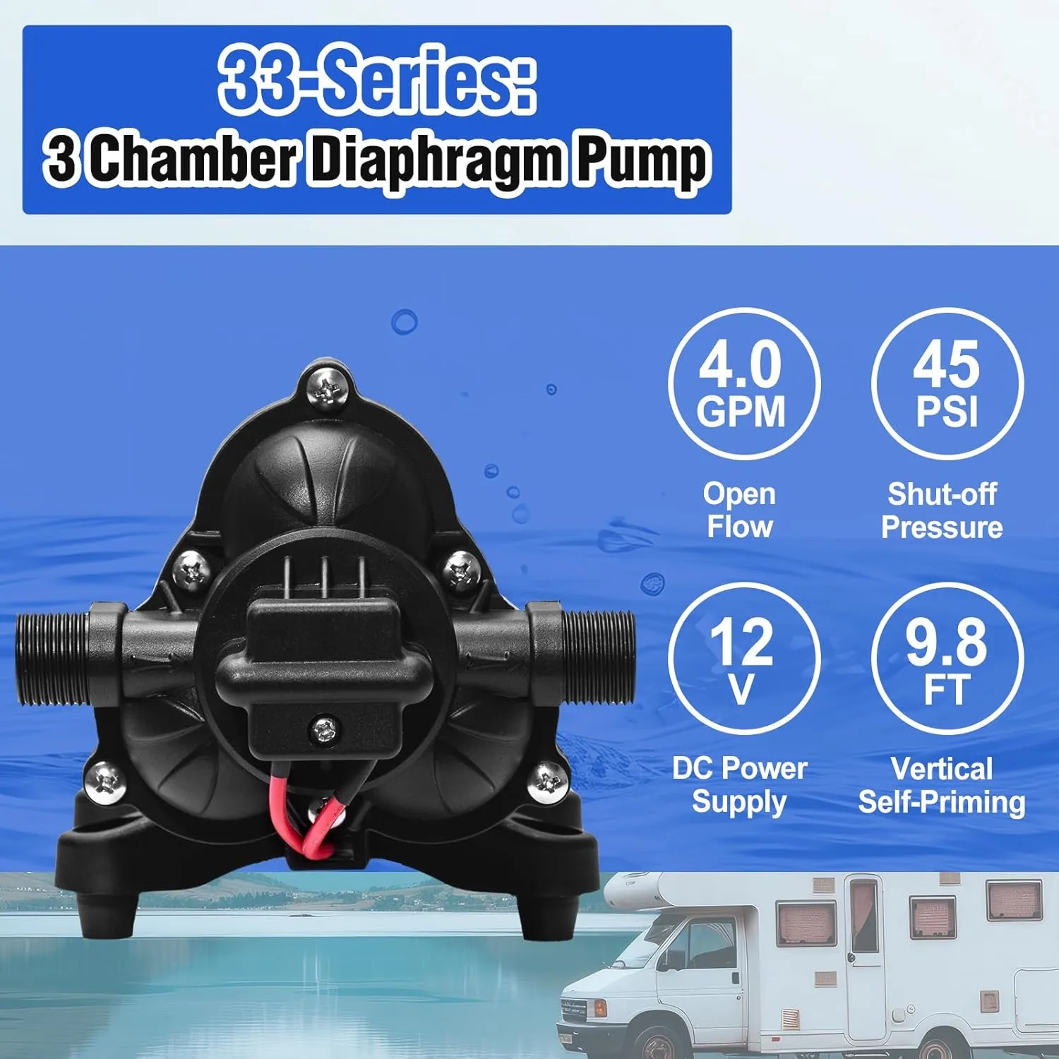 ECO-WORTHY 33-Series 12V RV Fresh Water Diaphragm Pump Quiet 4.0GPM 45PSI 12 Volt DC Self Priming Pressure Pump On Demand for Camper Boat Marine Washdown Sprayer Outdoor Shower