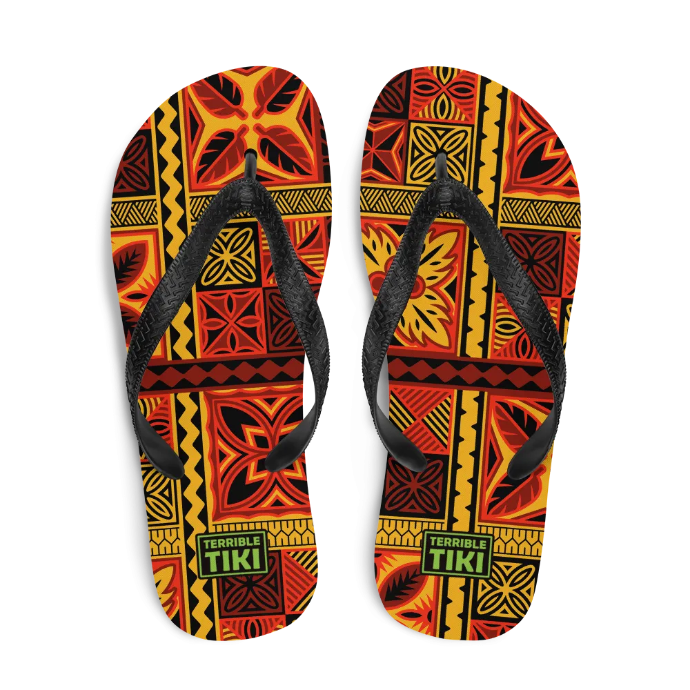 Fiery Tiki Squares Flip-Flops
