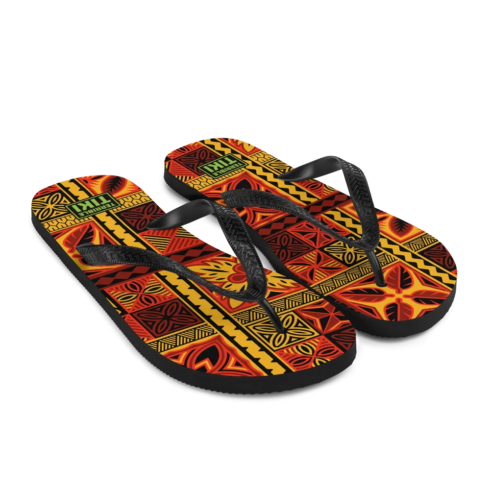Fiery Tiki Squares Flip-Flops