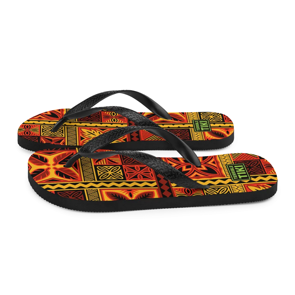 Fiery Tiki Squares Flip-Flops