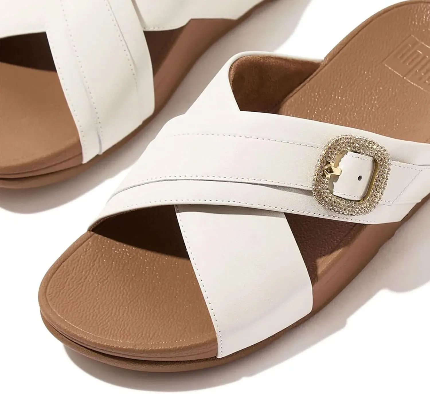 FitFlop Women's Lulu Crystal-Buckle Leather Cross Slides Wedge Sandal