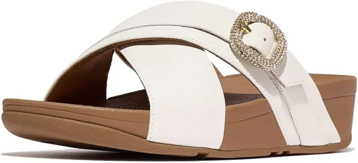 FitFlop Women's Lulu Crystal-Buckle Leather Cross Slides Wedge Sandal