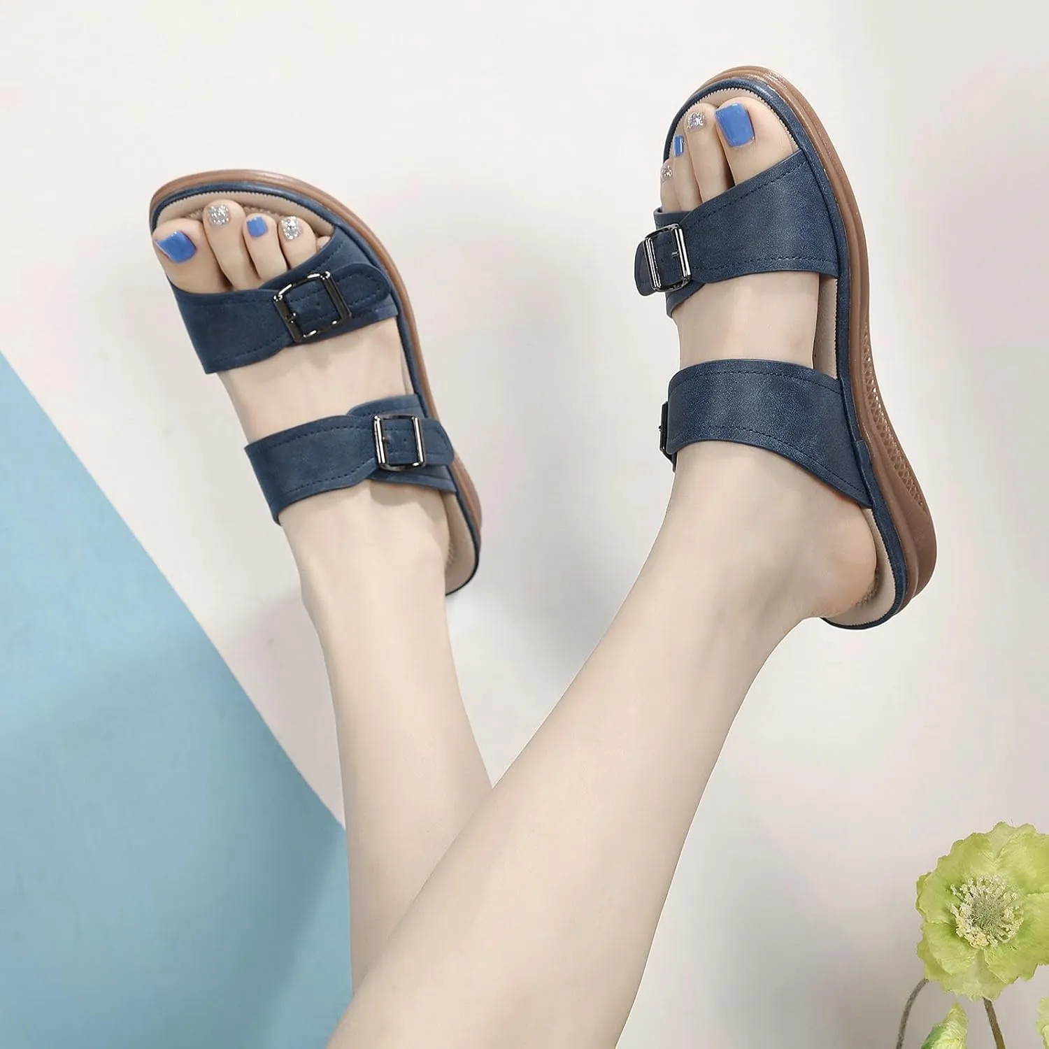 Flat Sandals for Women Slides Arch Support Comfort Slip Sandals Plantar Fasciitis Soft Cushion Slippers With Adjustable Straps Casual Walking Slippers