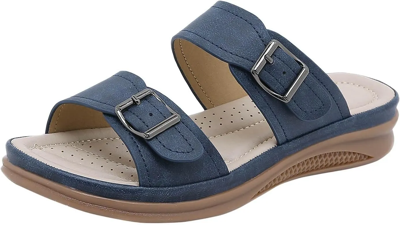 Flat Sandals for Women Slides Arch Support Comfort Slip Sandals Plantar Fasciitis Soft Cushion Slippers With Adjustable Straps Casual Walking Slippers