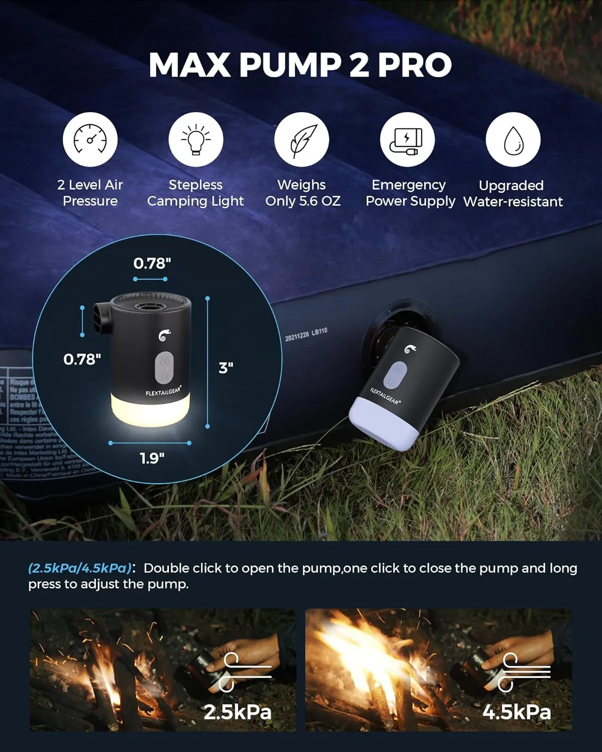 FLEXTAILGEAR 4.5kPa Air Pump for Inflatables, Portable Air Pump with Led Light, 3600 mAh Rechargeable Battery Air Mattress Pump Inflator Pump for Pool Floats Boats Sleeping Pads Inflatable Toys