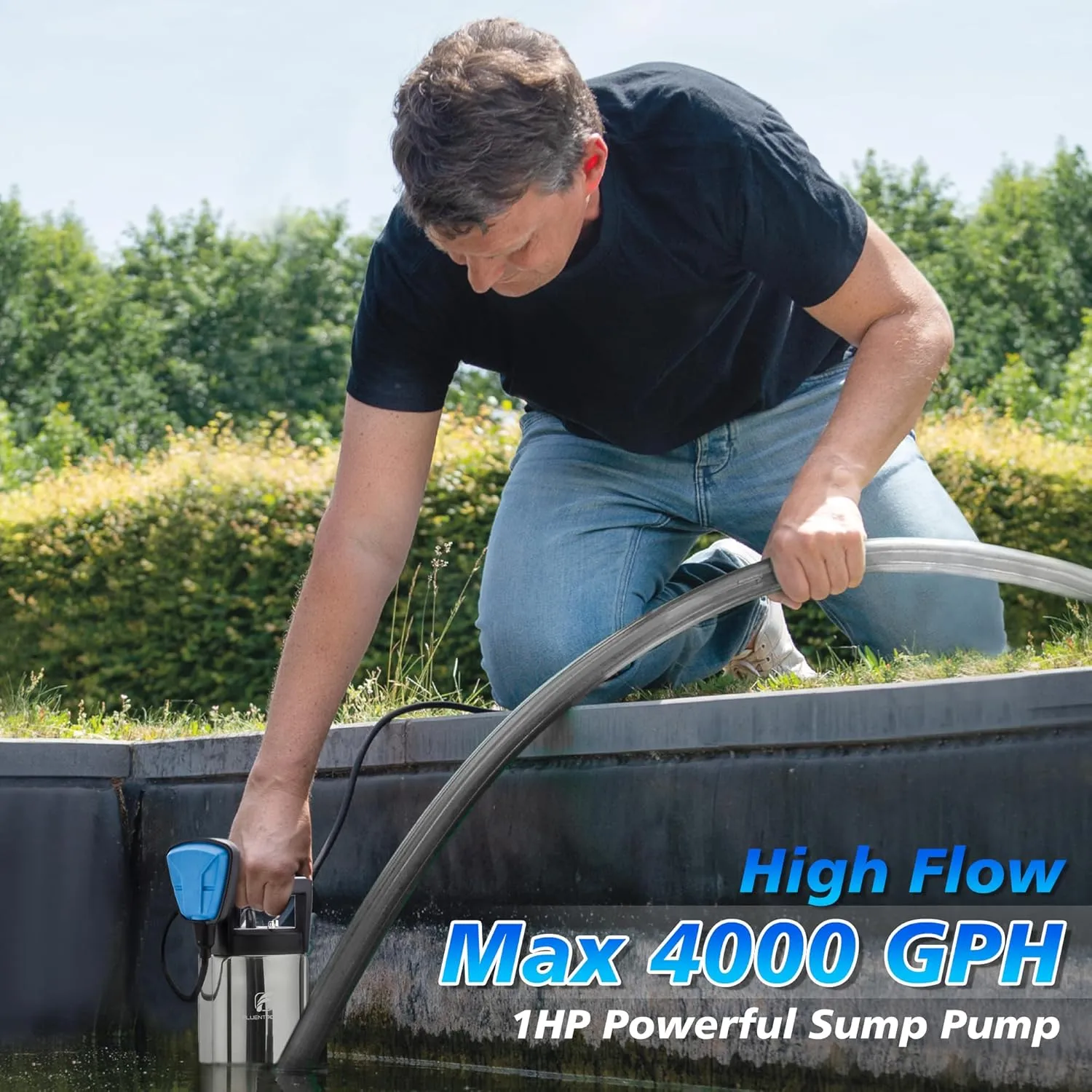 FLUENTPOWER 1HP Sump Pump 4000GPH Stainless Steel Submersible Pump, Auto/Manual Control with 26-Foot Cord, Drain Clean/Dirty Water for Basement Flood Cellar Pool Pond Garden Hot Tub