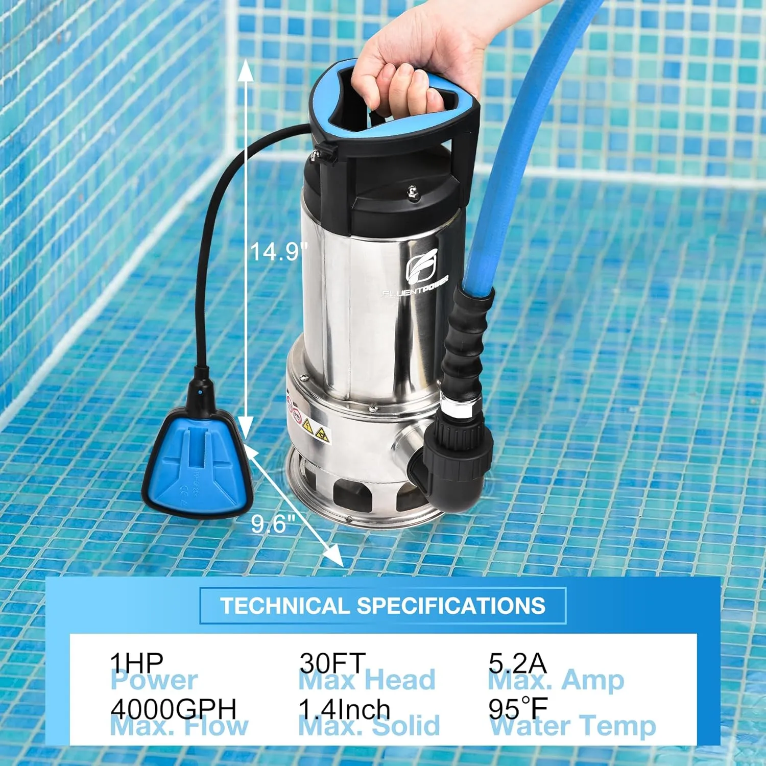 FLUENTPOWER 1HP Sump Pump 4000GPH Stainless Steel Submersible Pump, Auto/Manual Control with 26-Foot Cord, Drain Clean/Dirty Water for Basement Flood Cellar Pool Pond Garden Hot Tub