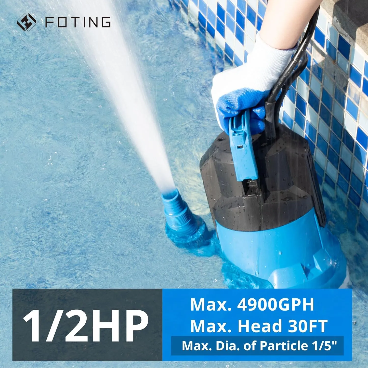 FOTING 2025 Upgraded Automatic Sump pump, 4900GPH 1/2HP Submersible Water Pump with Float Switch - Removes Water Down to 0.04" Sealed Utility Pump for Pond Pool Draining, Basement with 16ft Cord