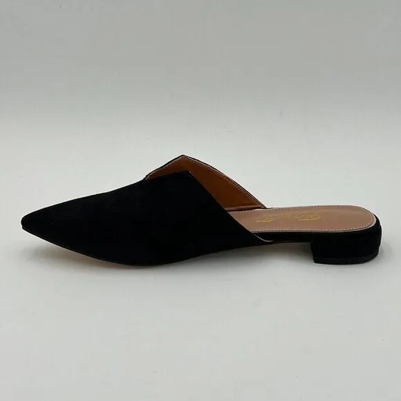 FOWT Black Suede Pointed Toe Flat Loafer Low Heel Backless Mule V Cut Sandals