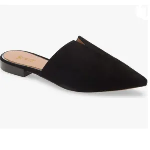 FOWT Black Suede Pointed Toe Flat Loafer Low Heel Backless Mule V Cut Sandals
