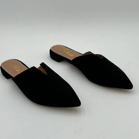 FOWT Black Suede Pointed Toe Flat Loafer Low Heel Backless Mule V Cut Sandals