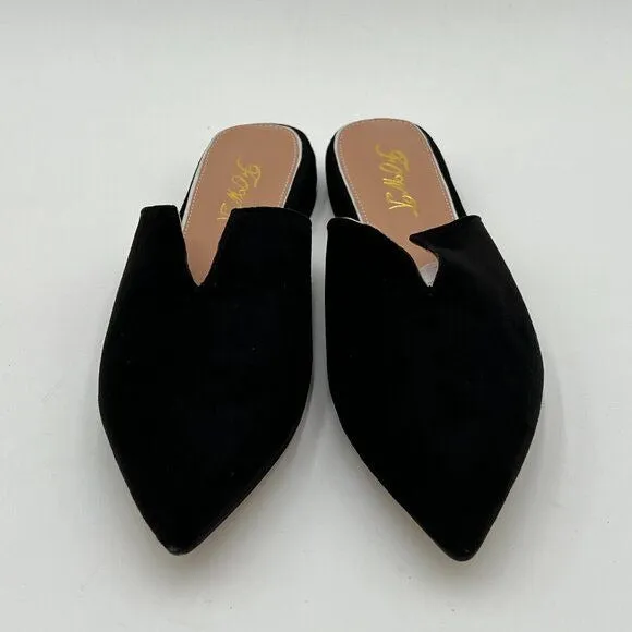 FOWT Black Suede Pointed Toe Flat Loafer Low Heel Backless Mule V Cut Sandals