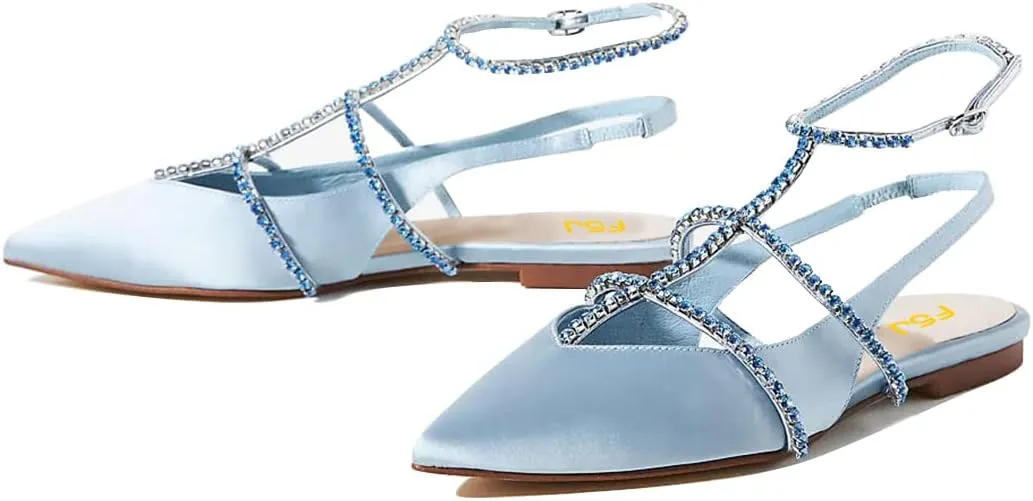 FSJ Women's Pointed Toe Slingback Flats Gladiator Crystal Strap Sandals Low Heels Dress Pump Satin Party Shoes Size 4-15 US