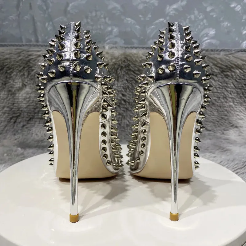 Full Spikes Women Glossy Silver Patent leather Pointy Toe High Heel