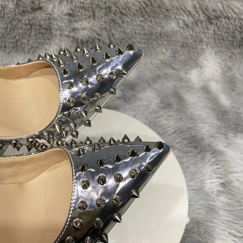 Full Spikes Women Glossy Silver Patent leather Pointy Toe High Heel
