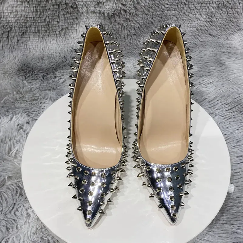 Full Spikes Women Glossy Silver Patent leather Pointy Toe High Heel