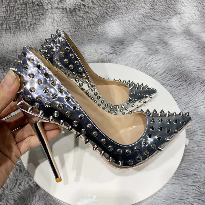 Full Spikes Women Glossy Silver Patent leather Pointy Toe High Heel