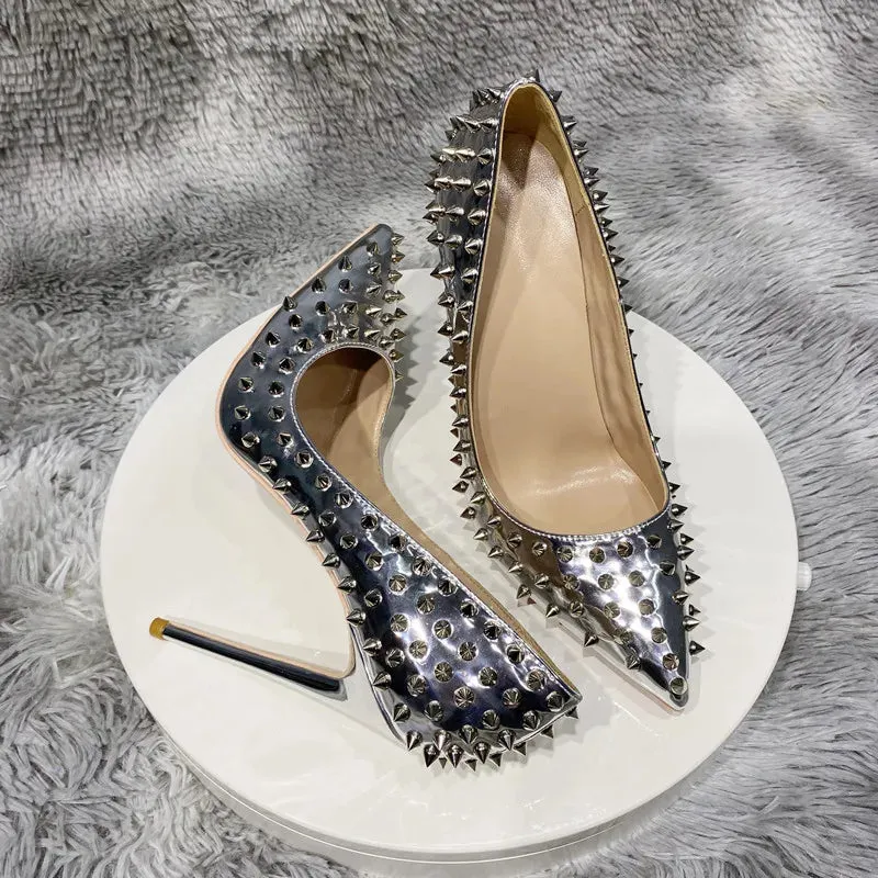 Full Spikes Women Glossy Silver Patent leather Pointy Toe High Heel