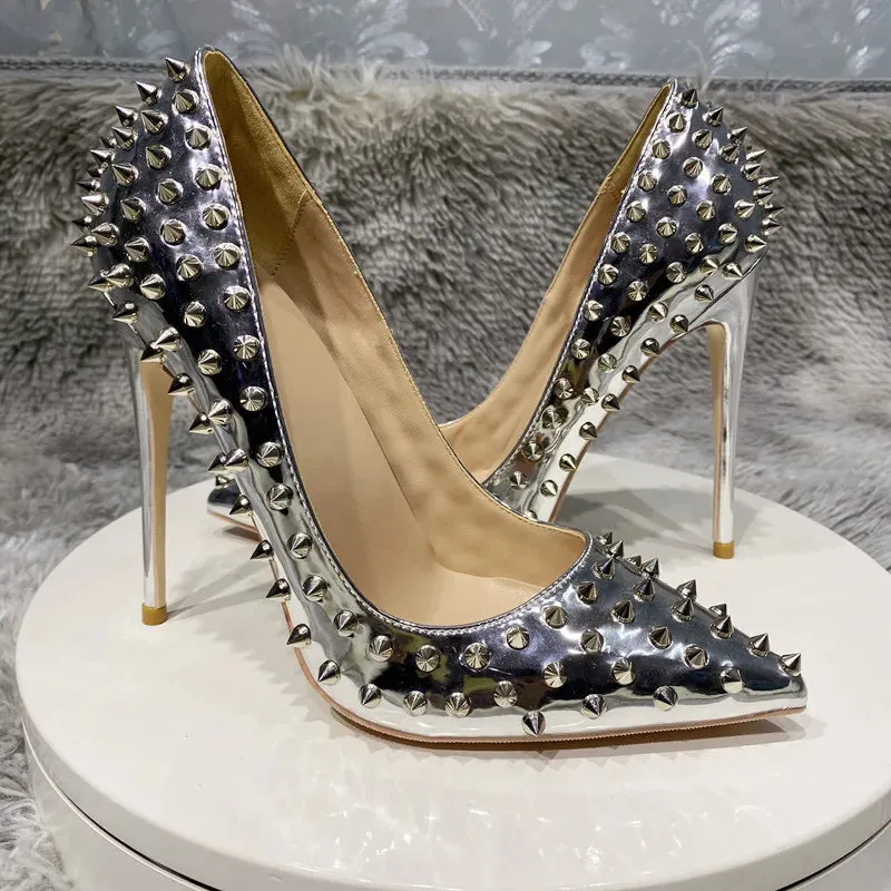 Full Spikes Women Glossy Silver Patent leather Pointy Toe High Heel