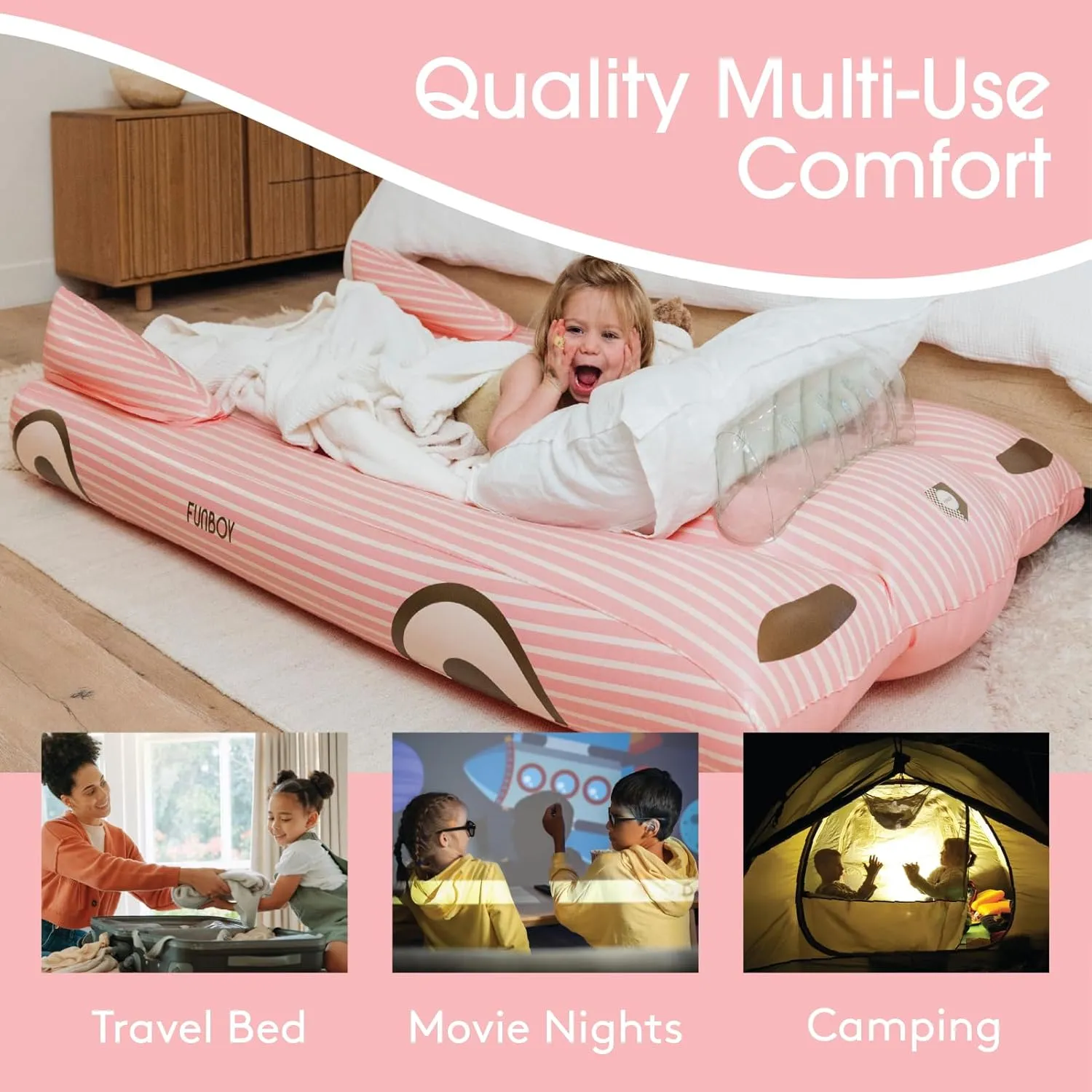 FUNBOY Kids Pink Inflatable Travel Bed & Mattress. Perfect for Sleepovers. Includes Carrying Case Storage Bag, Twin
