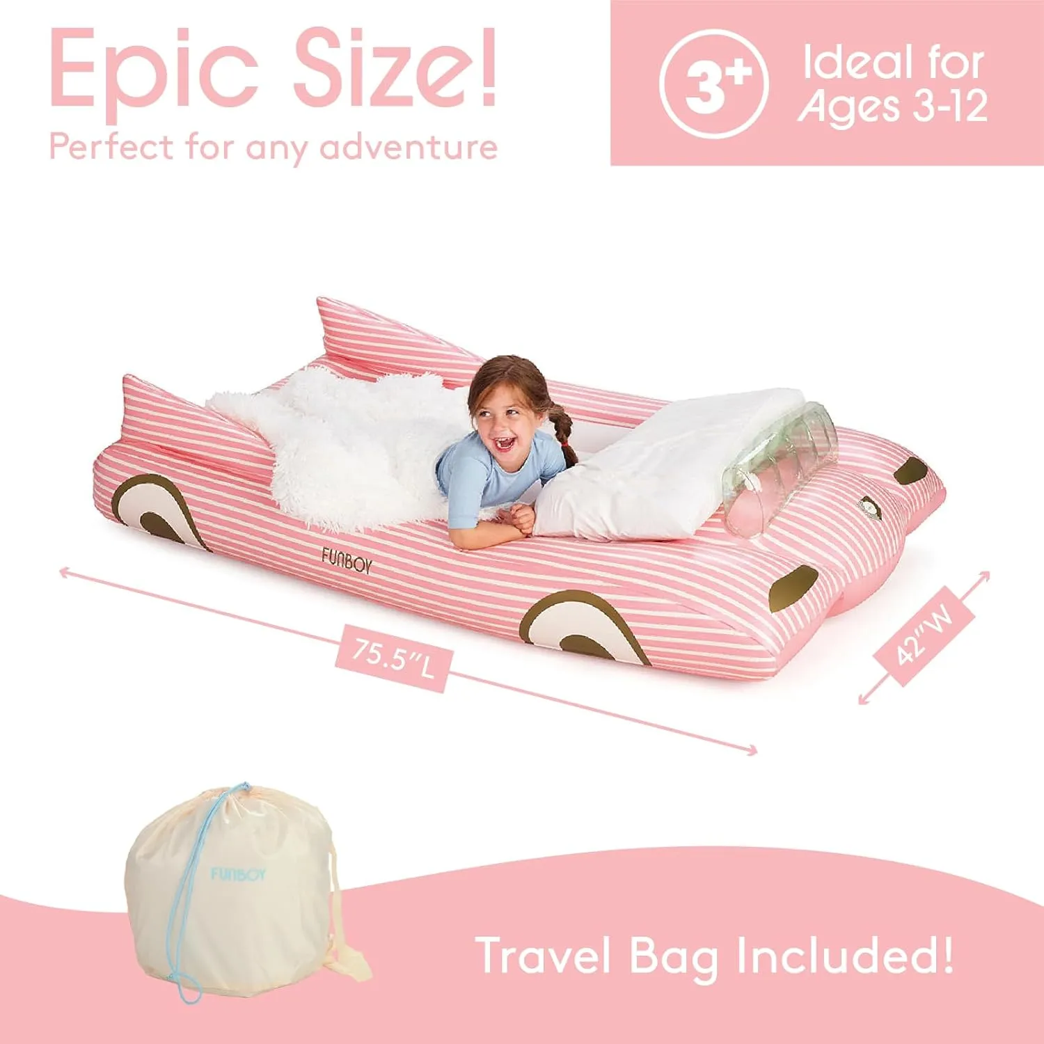 FUNBOY Kids Pink Inflatable Travel Bed & Mattress. Perfect for Sleepovers. Includes Carrying Case Storage Bag, Twin
