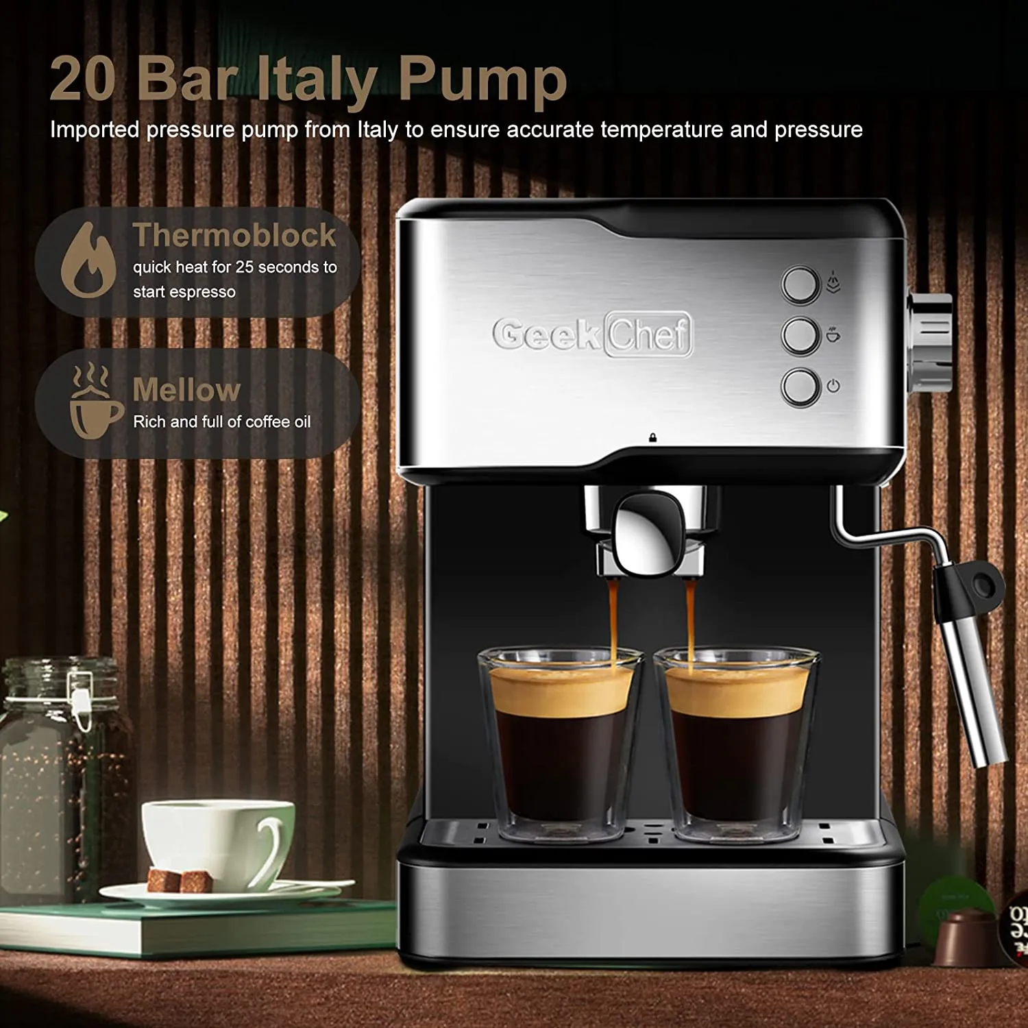 Geek Chef Espresso Machine Coffee with Milk Frother Steam Wand