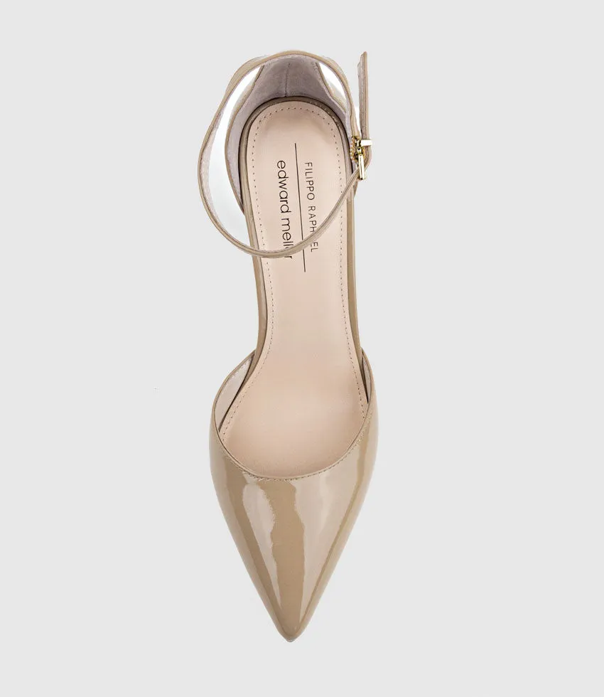 GLAM100 Block Heel Dorsay Pump in Nude Patent