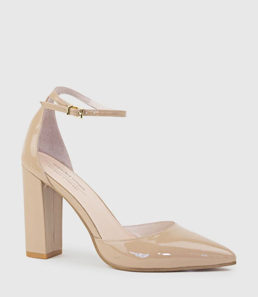 GLAM100 Block Heel Dorsay Pump in Nude Patent